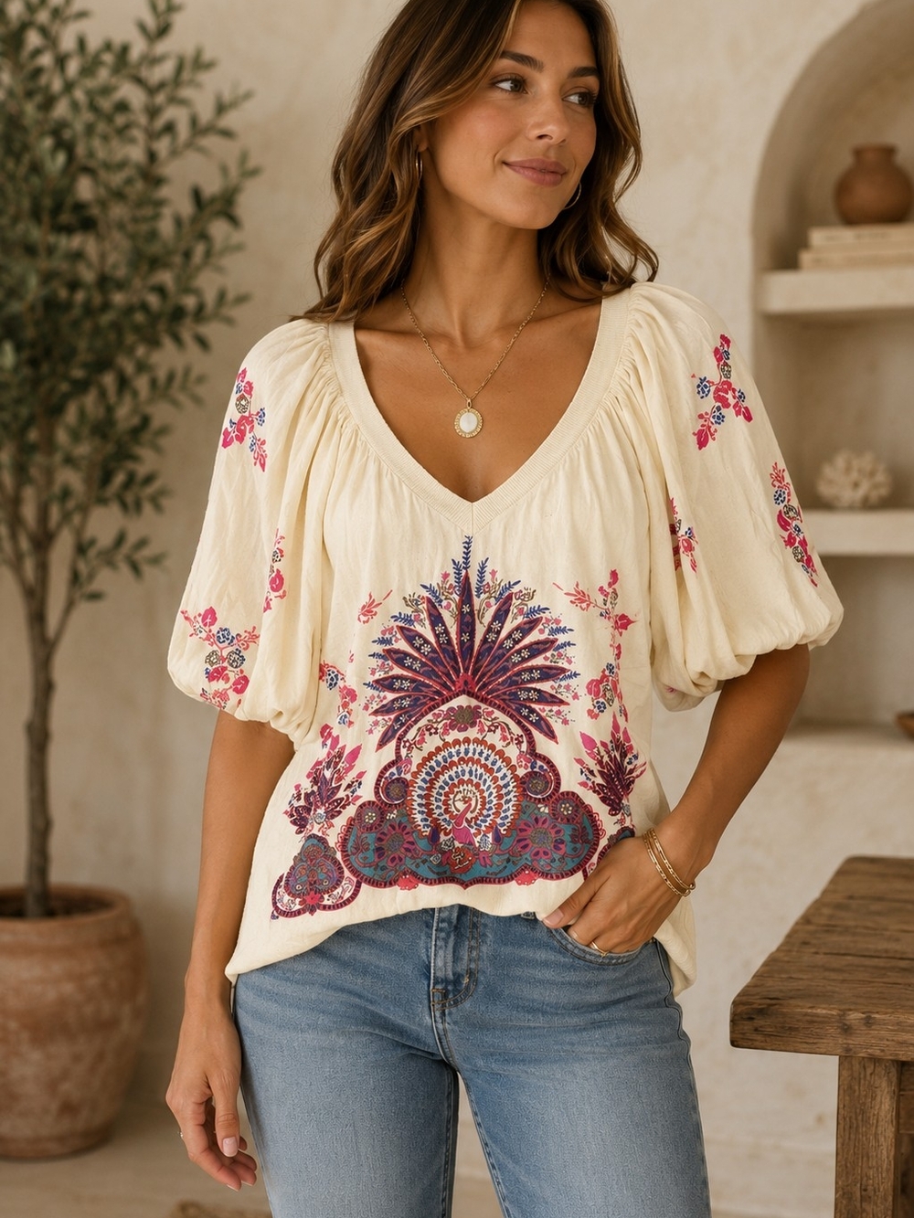 Free People Cream Peasant Tunic Top
